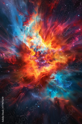 Nebula explosion, vibrant colors, wide angle, cosmic event, deep space, mesmerizing chaos , high detailed , graphic design