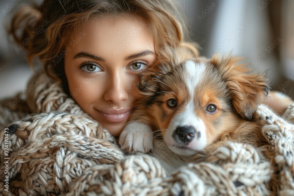 Close-up of a young girl's radiant smile, hugging her adorable puppy, both wrapped in knitwear