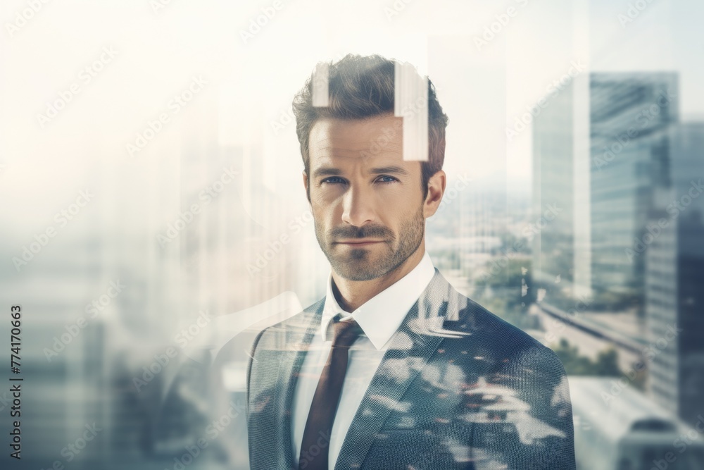 The double exposure image of the business man standing back during overlay with cityscape. Generative AI. The double exposure image of the business man standing back during overlay with cityscape. Generative AI.
