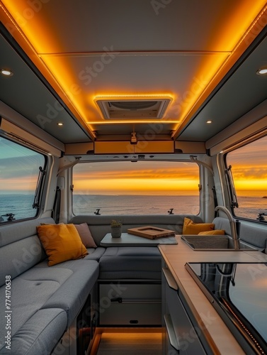 Sunset hues cast a golden glow throughout a luxury RV, highlighting an elegant living area designed for comfort and style on the road.