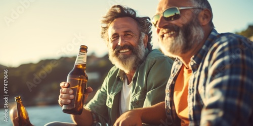 Senior friends toasting beer bottles near water at sunset. Generative AI.