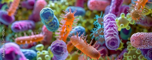 Capture a close-up shot of different types of microbes thriving in their natural environments, showcasing the intricate details and vibrant colors Illustrate their symbiotic relationships 