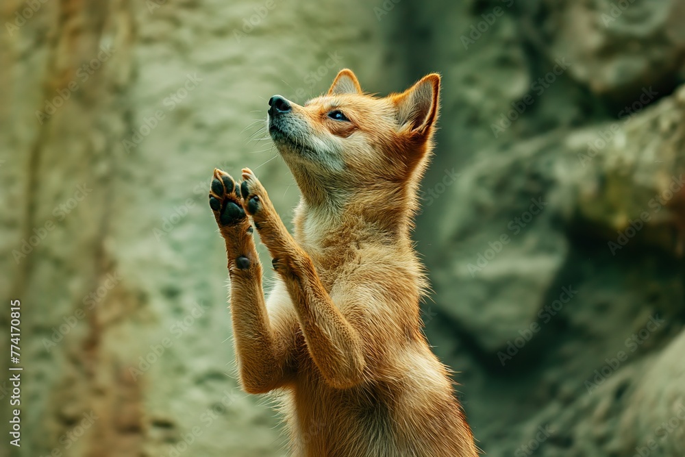 Fototapeta premium A striking image of a fox standing upright with its paws raised, resembling a human waving or pleading, against a blurred natural background