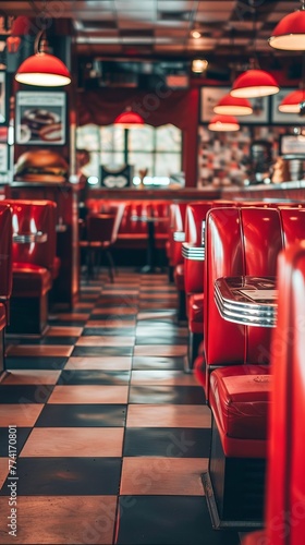 Empty diner interior with striking red booths, checkerboard flooring, and classic decor, embodying the quintessential American dining experience.