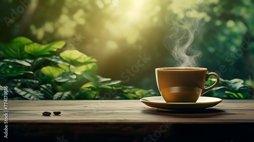 cup of coffee on table. nature in the background. 
