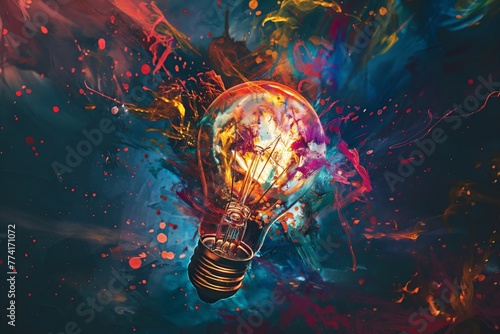 A lightbulb with vibrant splashes of paint, illustrating a burst of creativity and innovation.