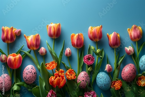 An Easter celebration with a variety of tulips intermixed with pastel-colored eggs on a blue background, expressing joy and festivity photo