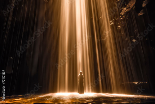 You shall have no other gods before Me. The First Commandment. A beam of light falls to the ground, illuminating the path of a person