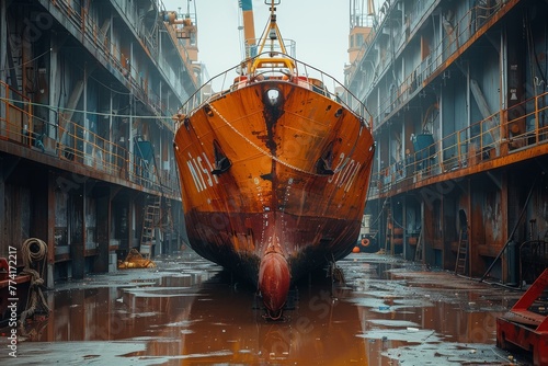 A gripping image of a worn and rusty ship set against a foggy industrial backdrop highlightin