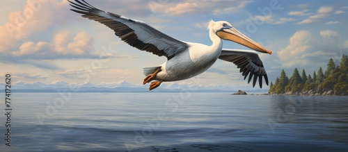 A majestic pelican painted in motion as it gracefully flies above the shimmering surface of a vast body of water © AkuAku