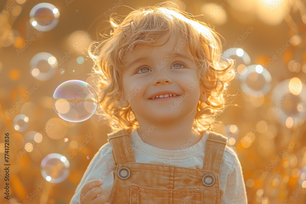 Enchanting Playtime: Child Revels in Golden Hour Bubble Display Enchanting Playtime: Child Revels in Golden Hour Bubble Display