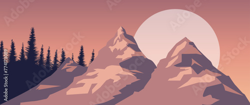 Vector illustration. Wonderful mountainous nature. Travel concepts. Beautiful view of mountains and forests. Perfect picture for your screensaver, cover, card and more. photo