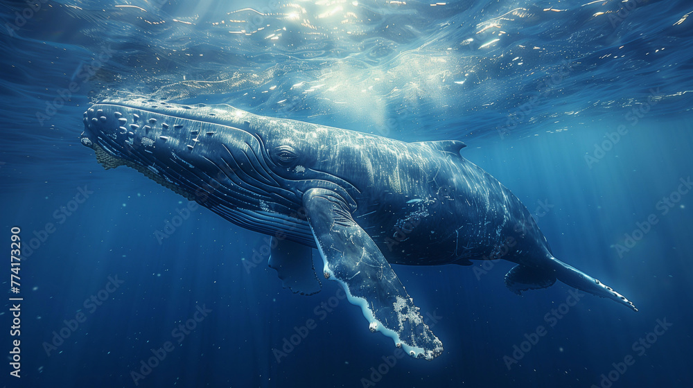 Giant whale diving in the ocean, whale swimming in the sea