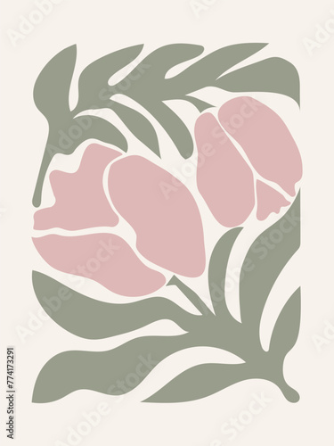 Trendy vintage wall prints with tulips and leaves. Modern aesthetic art design in bohemian style. Vector contemporary background.