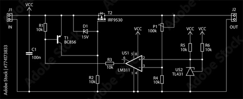 Schematic diagram of electronic device.
Vector drawing electrical circuit with 
operational amplifier, resistor, capacitor, 
transistor, diode, connector 
on background of paper sheet.