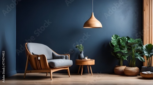 A chic  contemporary timber living room with an armchair against a blank  dark blue wall backdrop  Wall mockup of an interior living room featuring a leather sofa and white background d  cor  