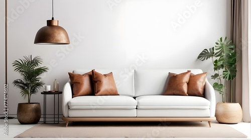 A chic, contemporary timber living room with an armchair against a blank, dark blue wall backdrop, Wall mockup of an interior living room featuring a leather sofa and white background décor,  © Adnan
