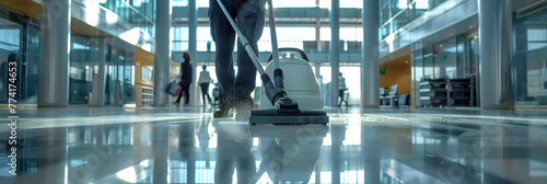 Large office building cleaning service staff using vacuum cleaner on floor with people in background