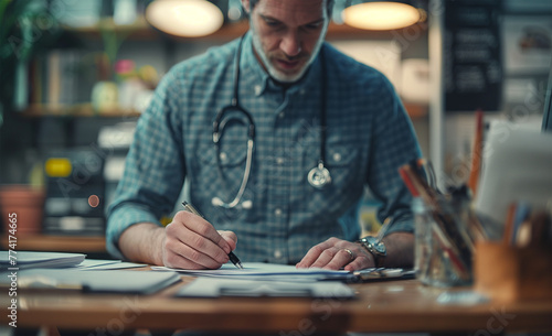 Close up of a doctor writing medical papers on a desk in the office, with a stethoscope around their neck. 