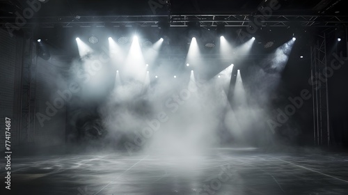 Empty stage illuminated by spotlights with haze. Awaiting a performance, concert or event. Mysterious atmospheric setting. Ideal for promotion. AI © Irina Ukrainets