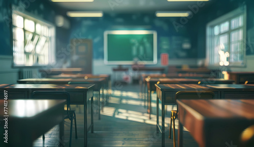 blur background of an empty classroom with desks and chairs