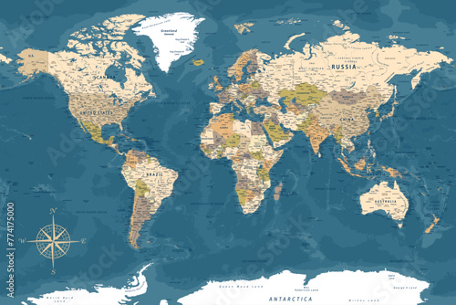 Fototapeta Naklejka Na Ścianę i Meble -  World Map - Highly Detailed Vector Map of the World. Ideally for the Print Posters. Dark Blue Golden Beige Retro Style
