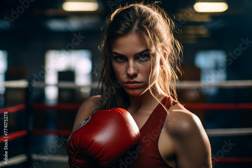 Boxing sport woman female boxer posing in ring created with generative AI technology © Tetiana