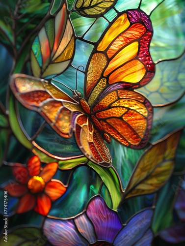Stained glass butterfly on flower. © Tomdv