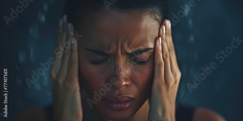 Woman in extreme pain holding her head, likely experiencing a severe headache or migraine. Concept Headache, Migraine, Pain Relief, Health and Wellness, Medical Symptoms photo