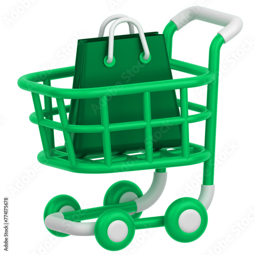 3d icon of a trolley cart with a shopping bag inside