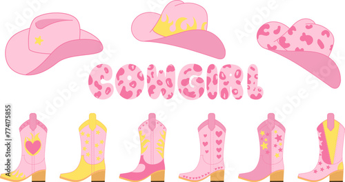 Set of vector country elements in pink color, cowboy hats, Cossack boots, stylized inscription cowgirl. Simple flat cartoon style. Completely pink with yellow.
