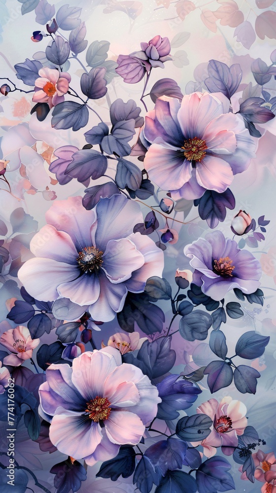 A cascade of floral patterns rendered in delicate watercolors evoking a serene timeless atmosphere