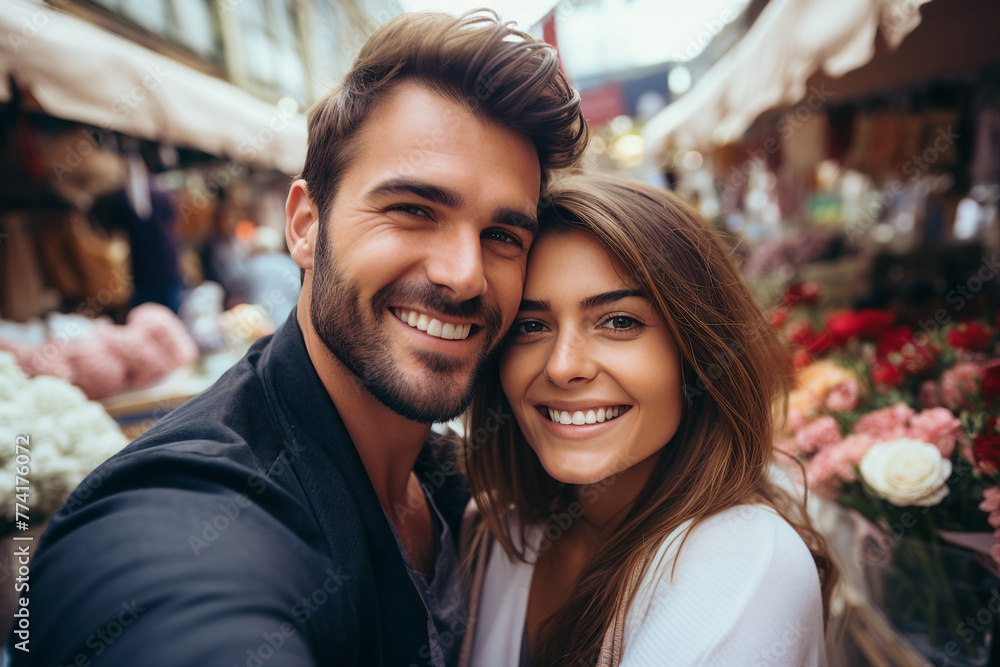 AI generated picture of cheerful happy loving couple walking city street together