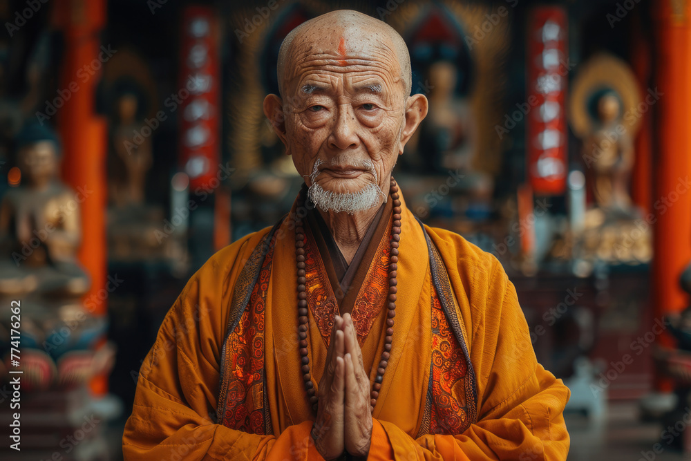 
Imagen de un monje chino de 60 años de pie con gracia en un famoso templo. Su rostro y rasgos faciales son ligeramente regordetes, y emana un aura amable. Está adornado con un hanfu amarillo y rojo,  - obrazy, fototapety, plakaty 