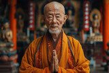 
Imagen de un monje chino de 60 años de pie con gracia en un famoso templo. Su rostro y rasgos faciales son ligeramente regordetes, y emana un aura amable. Está adornado con un hanfu amarillo y rojo, 