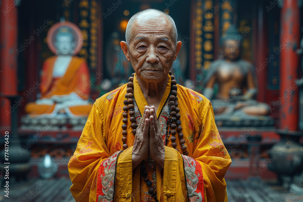 
Imagen de un monje chino de 60 años de pie con gracia en un famoso templo. Su rostro y rasgos faciales son ligeramente regordetes, y emana un aura amable. Está adornado con un hanfu amarillo y rojo,  - obrazy, fototapety, plakaty 