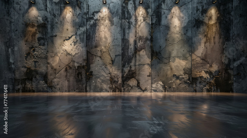 A concrete wall and floor illuminated by spotlights, casting dynamic shadows in the background