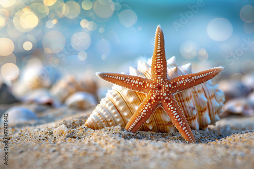 Close up of starfish and seashells on the beach with a blurred background