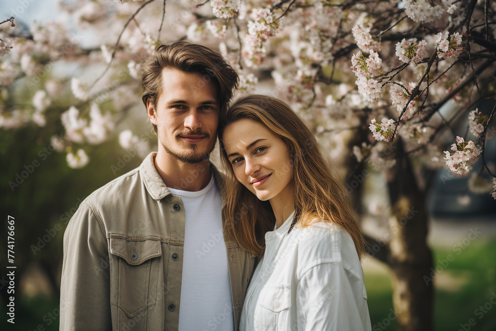 Obraz premium Happy people enjoying beautiful spring day park trees blossom city view Generative AI illustration