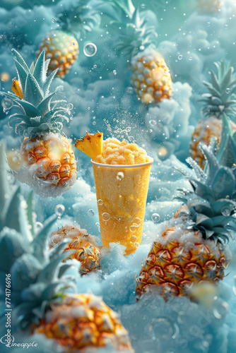 Imagen publicitaria de granizado de piña con piñas voladoras y efecto de hielo photo