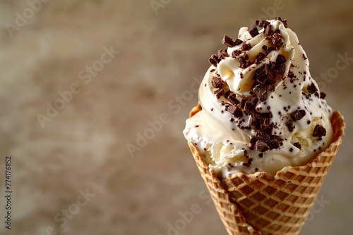 Ice cream cone with chocolate drops on brown background with copy space.