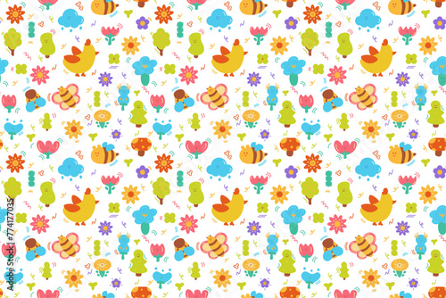 Wallpaper Mural Pattern Spring. Baby animals seamless pattern. Vector illustration with cute animals and flowers. With all files in vector Torontodigital.ca