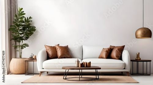 A chic, contemporary timber living room with an armchair against a blank, dark blue wall backdrop, Wall mockup of an interior living room featuring a leather sofa and white background décor,  photo