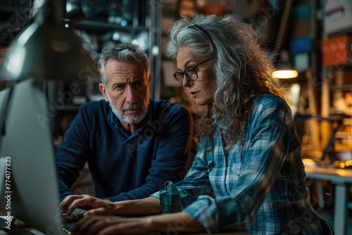 Fotografía profesional de dos ocupados profesionales de negocios trabajando en una oficina con una computadora. Una ejecutiva gerente de mediana edad está hablando con un colega masculino, mostrando u photo