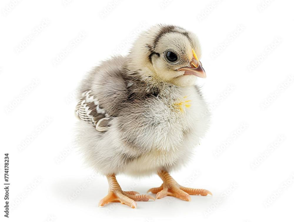 A baby chick isolated on white background. The chick is small and fluffy, with a cute and innocent expression. A baby chick isolated on white background. The chick is small and fluffy, with a cute and innocent expression.