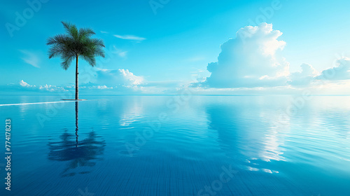 A minimalist landscape featuring a lone palm tree standing on an endless reflective water surface  under a vast sky with fluffy clouds