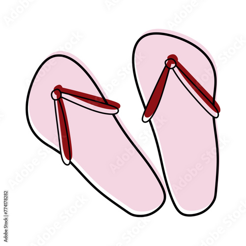 Doodle Flipflops icon with Color shapes. Isolated Vector Outline Illustration, Linear sticker. Beach Slippers or Sandals isolated on White. Hand drawn Summer Beach boots, Vacation concept, Sand.