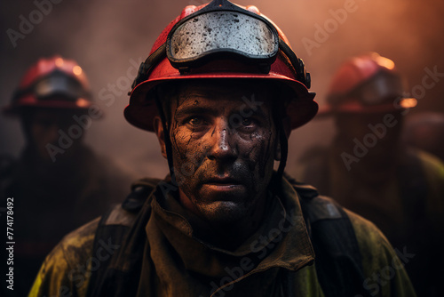 AI generated image photo of a professional rescuer against ruined burning city damaged buildings background