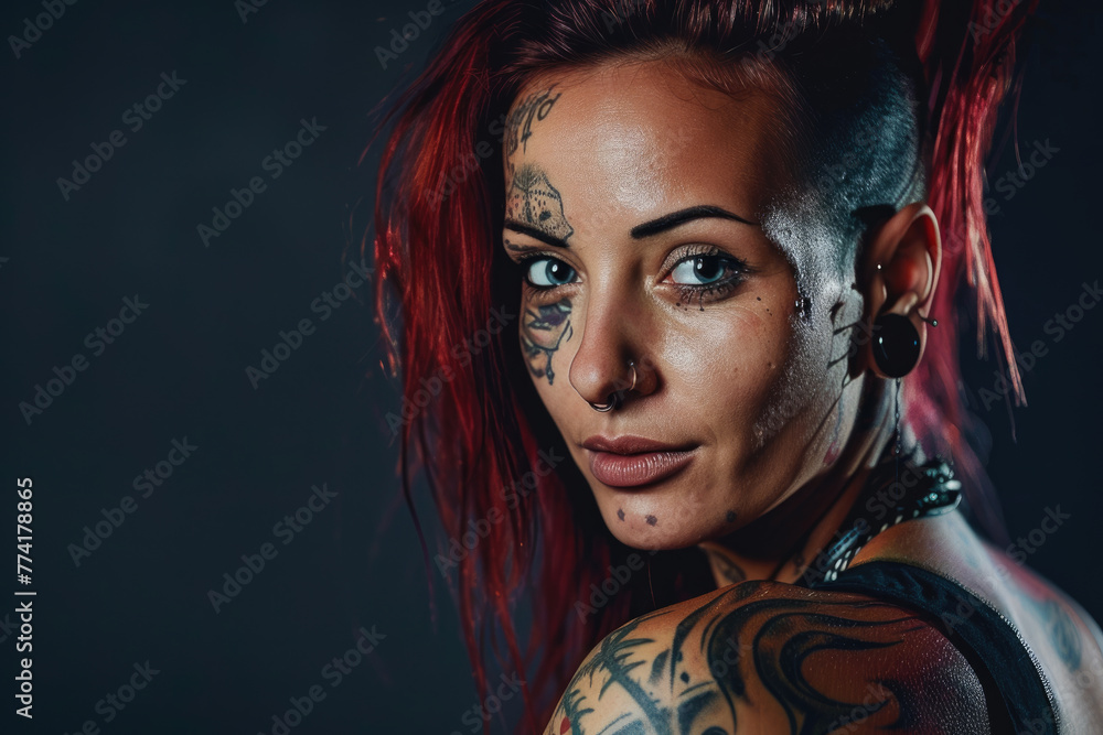 retrato profesional de una persona muy tatuada con con escarificaciones y modificaciones corporales además de tener el pelo de colores con un peinado alternativo

 - obrazy, fototapety, plakaty 