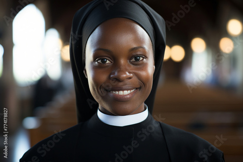 Generative AI picture of blessed young sister church nun praying have faith believe in God happiness photo
